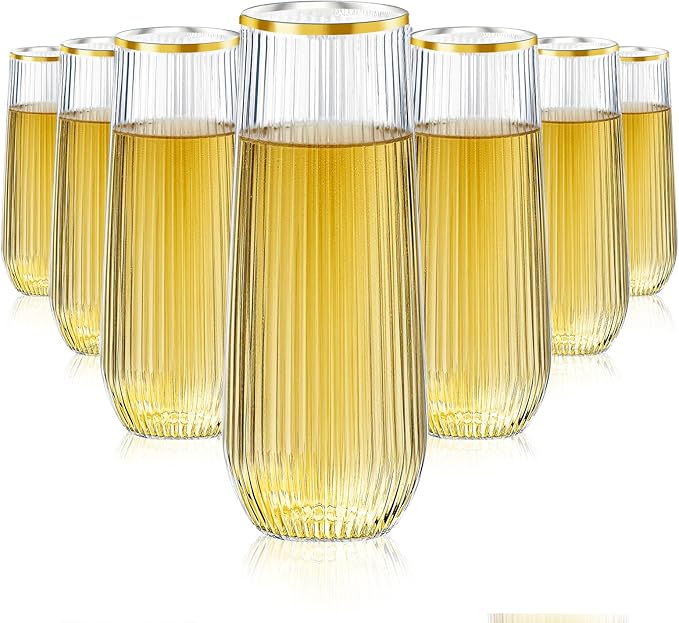 48 Pack Plastic Ribbed Champagne Flutes, 9 Oz Stemless Disposable Gold Rim Clear Plastic Toasting Glasses Shatterproof Recyclable and BPA-Free Perfect For Wedding