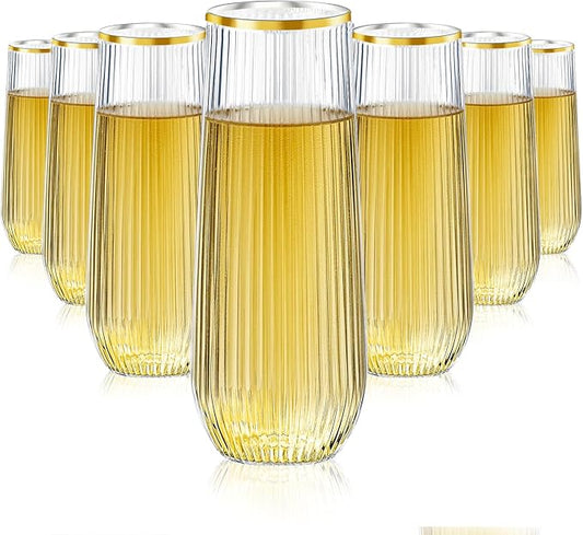 48 Pack Plastic Ribbed Champagne Flutes, 9 Oz Stemless Disposable Gold Rim Clear Plastic Toasting Glasses Shatterproof Recyclable and BPA-Free Perfect For Wedding