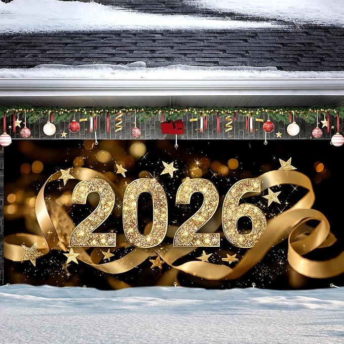 2026 New Year Garage Door Banner 7x16FT, Gold Glitter 2026 Garage Door Cover, Large Outdoor Happy New Year Decoration Backdrop for Garage Doors, Fence, Yard Party