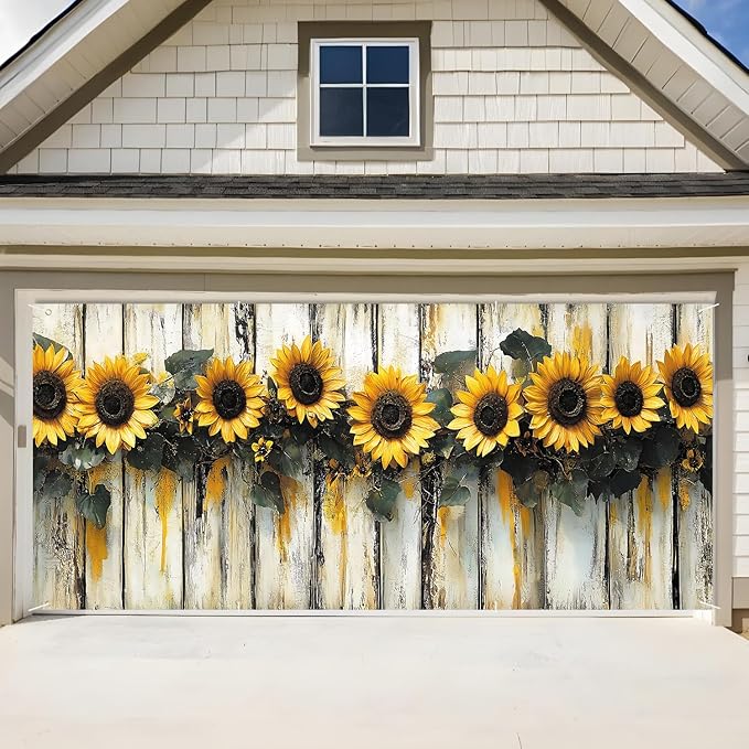 ANNA QUEEN Sunflower Garland Garage Door Banner 6 x 13FT, Rustic Sunflowers with Wooden Fence, Outdoor Spring and Summer Decoration for Garden Parties Home Decor