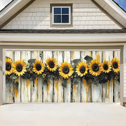 ANNA QUEEN Sunflower Garland Garage Door Banner 6 x 13FT, Rustic Sunflowers with Wooden Fence, Outdoor Spring and Summer Decoration for Garden Parties Home Decor