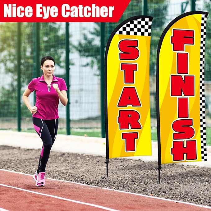 Buryeah 2 Sets Start and Finish Feather Flag 8 ft Start Finish Advertising Banner Swooper Flag with Pole Kit and Ground Stake for Marathons and Special Events Outside, Yellow