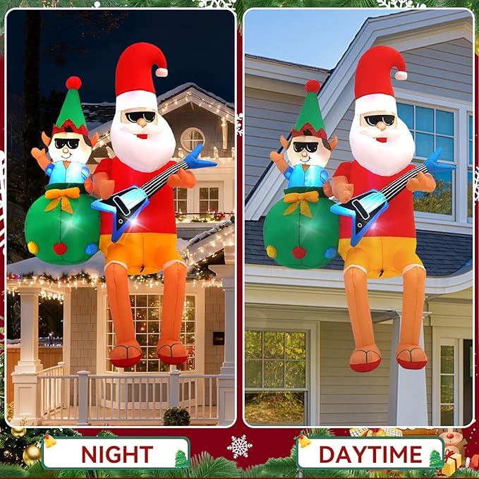 8 FT Guitar-Playing Santa Outdoor Inflatable with LED Lights for Christmas Holiday Party Decoration, Winter Garden Decoration