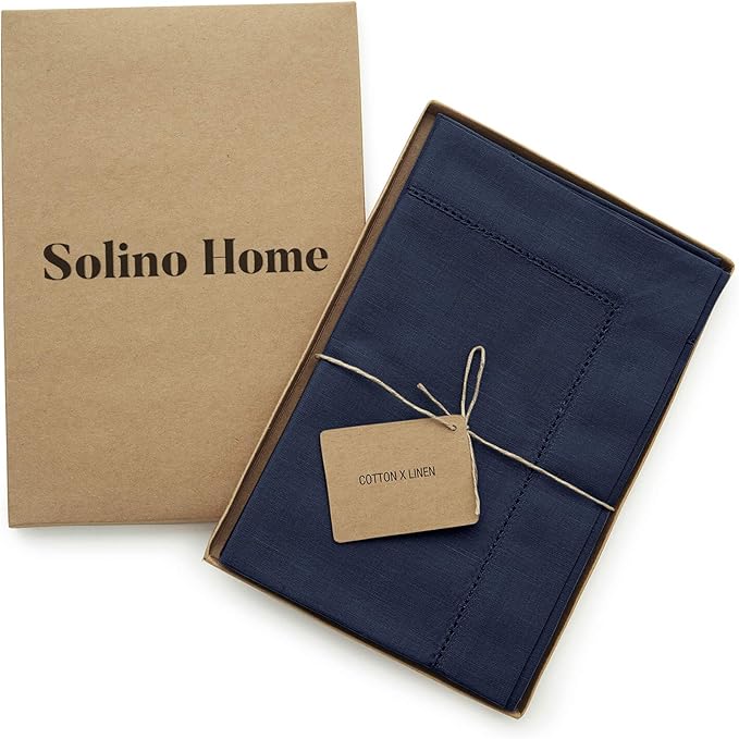 Solino Home Navy Blue Napkins Set of 4 - Cotton Linen Hemstitch Dinner Napkins Cloth 20 x 20 Inch for Winter, Spring, Easter - Handcrafted and Machine Washable