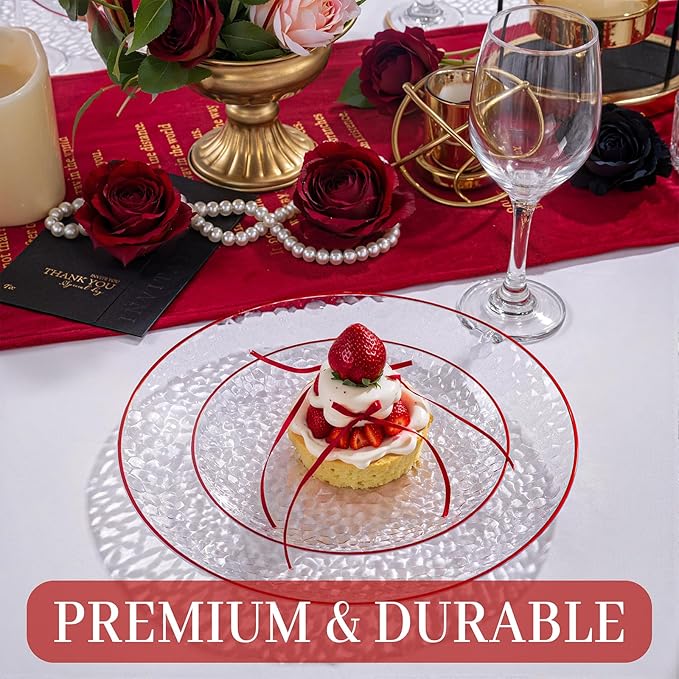 Rubtlamp 60Pcs Red Plastic Plates, Clear Plastic Plates With Red Rim, Heavy Duty Disposable Plates for Party, Fancy Hammered Plates Include 30 Red Dinner Plates 30 Clear Cake Plates