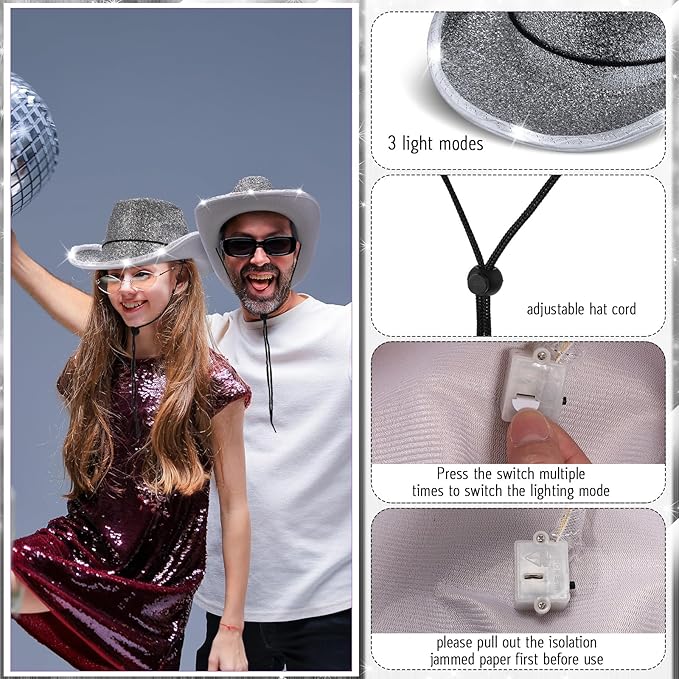 20 Pack Lights Cowboy Cowgirl Hat LED Flashing Light Up Hat for Western Bachelorette Party Wedding Bridal