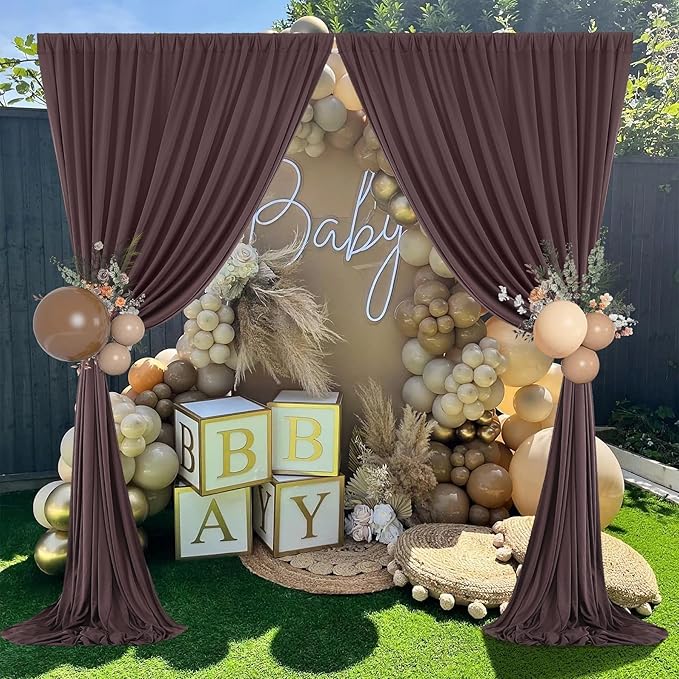 30ft×10ft Wrinkle Free Brown Backdrop Curtain for Parties, 6 Panels 5×10ft Soft Silky Polyester Umber Photo Backdrop Drapes for Teddy Bear Bee Birthday Party Baby Party Wedding Photography