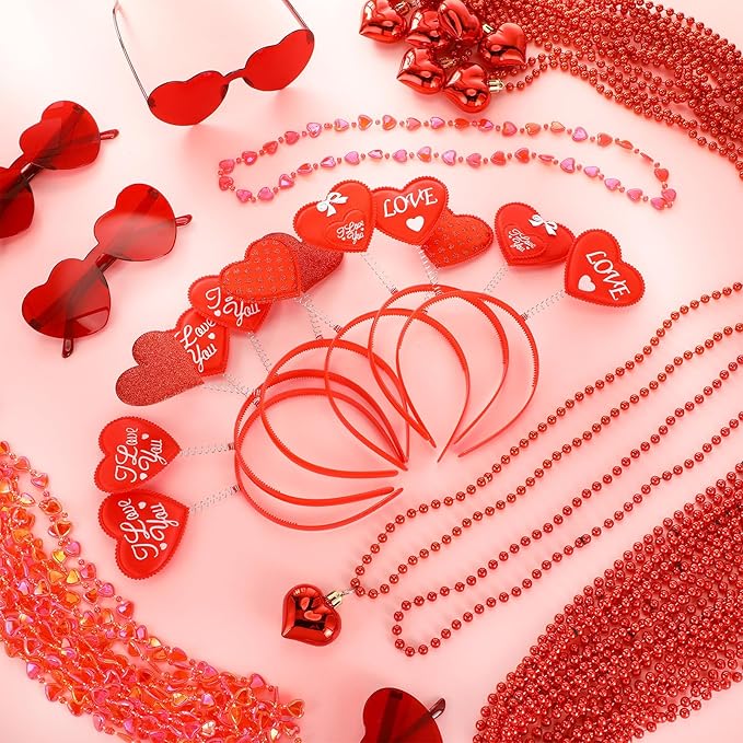Kanayu 108 Pcs Valentines Day Accessories 36 Valentines Heart Headbands 36 Heart Shaped Sunglasses 36 Bead Necklaces for Valentine Party Favors Supplies Bachelorette Decorations(Red)
