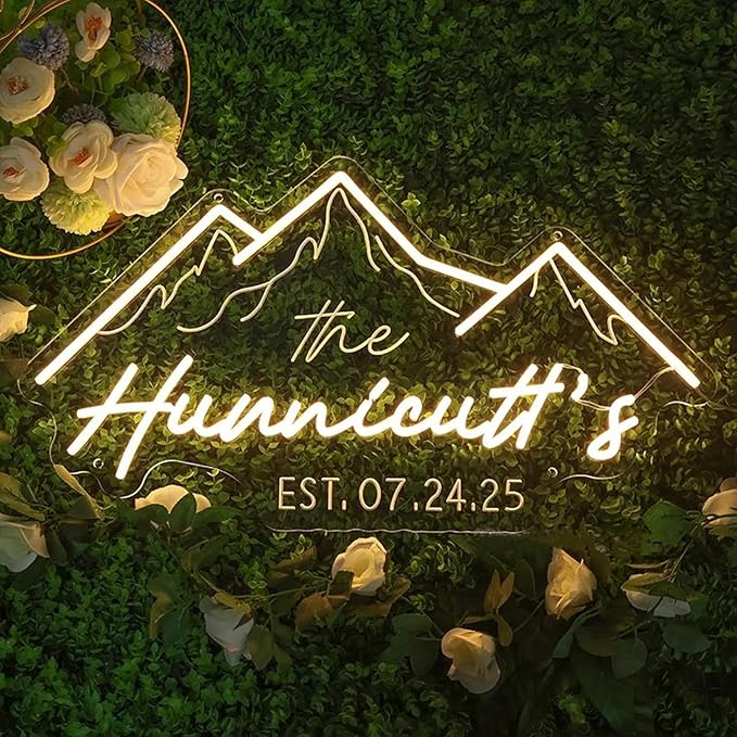 Custom Mountain Theme Wedding Neon Sign Personalized Family Name Established LED Neon Light Wedding Engagement Grass Wall Backdrop Decor Home Wall Décor