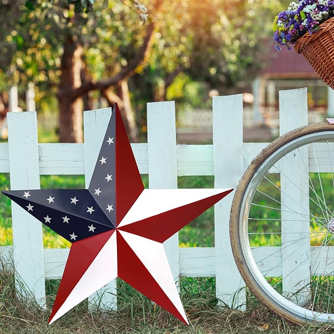 JoyEvy American Barn Star US Flag Stars Indoor Outdoor Decor, Metal Patriotic Star Wall Decoration, Texas Stars for Outside Rustic Vintage Western Country Home Farmhouse Wall Ornament(19.4inch)