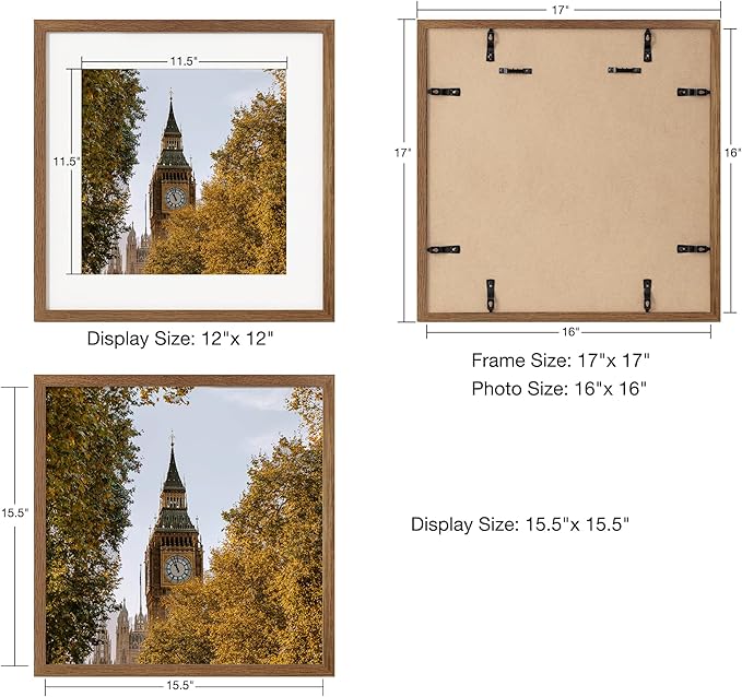 Axeman 16x16 Picture Frame with Mat for 12x12, Solid Oak Wood Square Picture Frame with Tempered Glass, Wooden Square Photo Frame 16''x16'' for Art Photo and Prints, Wall Hook Included, Walnut