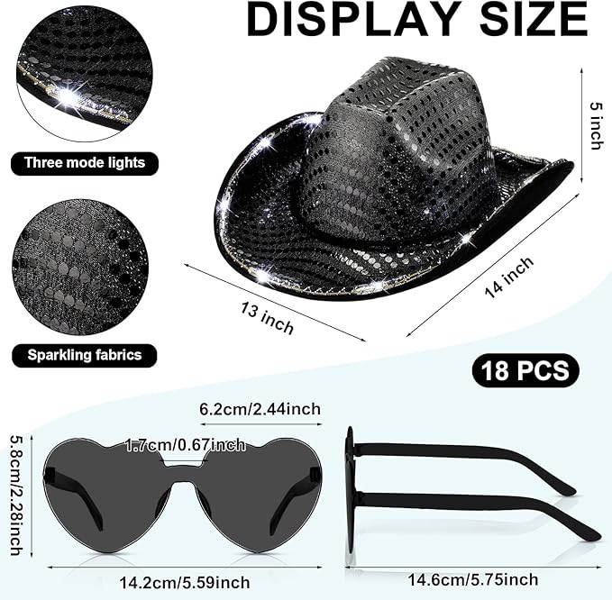 Zhanmai 18 Set LED Cowboy Hat Light Up Glitter Sequin Cowgirl Hat with Sunglasses for Adult Wedding Halloween Costume