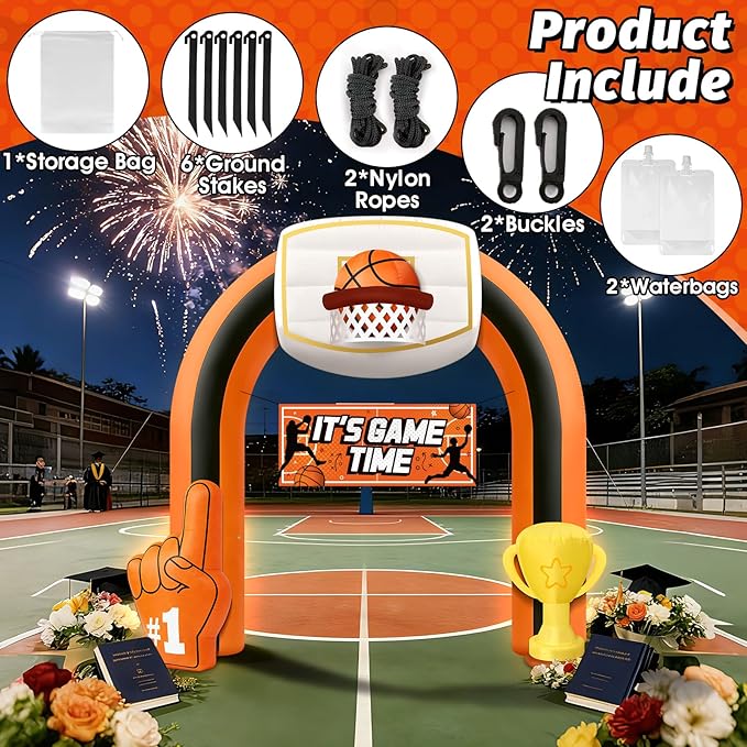 9 FT Giant Basketball Inflatable Arch, Game Day Blow up Basketball with 1 Blower Built-in 5LED Lights and 2 Banners for Team Coach Stadium Basketball Yard Outdoor Party Decorations