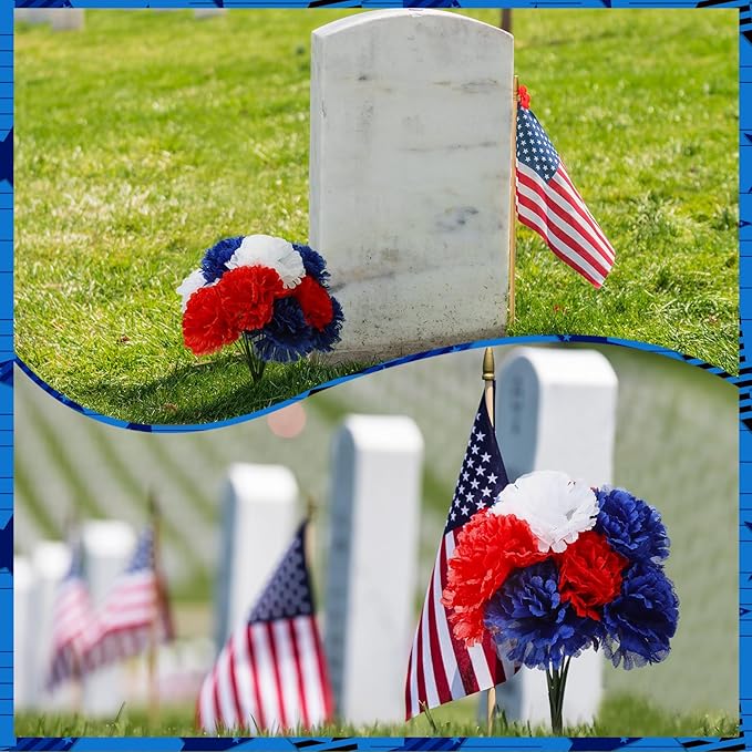180 Pcs Red Blue White Carnations Artificial Memorial Flowers with 6" Stem Patriotic Fake Silk Carnation Bulk for Cemetery Veterans Day 4th of July Decoration Wreaths DIY Crafts