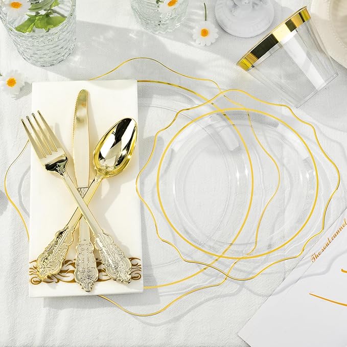 350 PCS Clear and Gold Plastic Plates, Gold Disposable Plates for 50 Guests, Includes 100 Disposable Plates, 50 Cups, 150 Silverwares, and 50 Napkins for Party, Graduation and Wedding