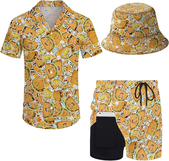 Men's Hawaiian Shirt and Shorts Set 2 Piece Beach Outfits with Bucket Hats for Beach Days and Summer Vibes