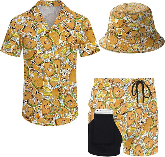 Men's Hawaiian Shirt and Shorts Set 2 Piece Beach Outfits with Bucket Hats for Beach Days and Summer Vibes