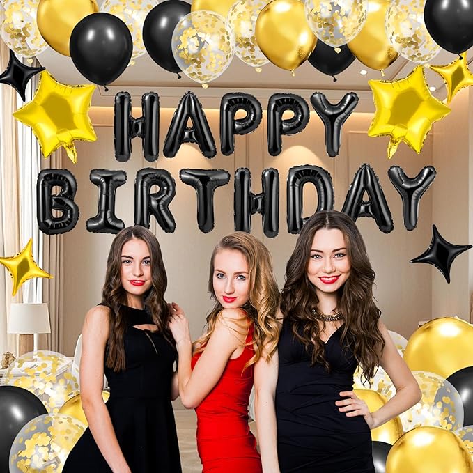 Black Gold Happy Birthday Balloons Decorations Black and Gold Birthday Balloon Letters Banner with 6 Pcs Star Balloons Black Artificial Rose Petals 24 Flameless LED Candles for Room Hotel Party Decor