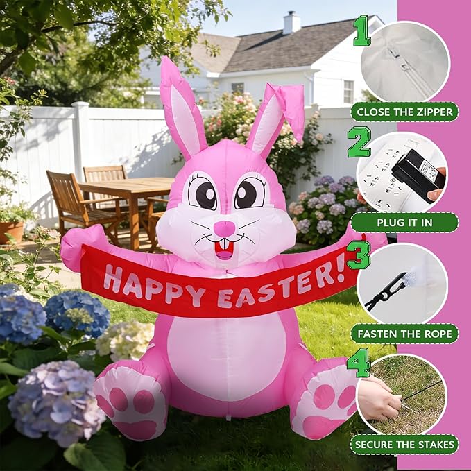 Dearsun 5FT Adorable Easter Inflatable Bunny Holding a Banner, Easter Blow up Yard Decorations Giant Pink Bunny with LED Lights for Holiday Party Indoor Outdoor Decor