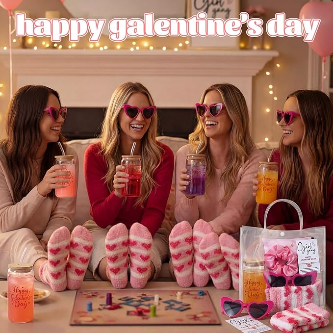 Zeyune 42 Pcs Galentines Day Gifts Valentines Gifts 6 Sets,Include Socks Glass Cup Friendship Bracelet Card Makeup Bag Heart Glasses Pink Scrunchies and Tote Bag for Women Friend Party Favors