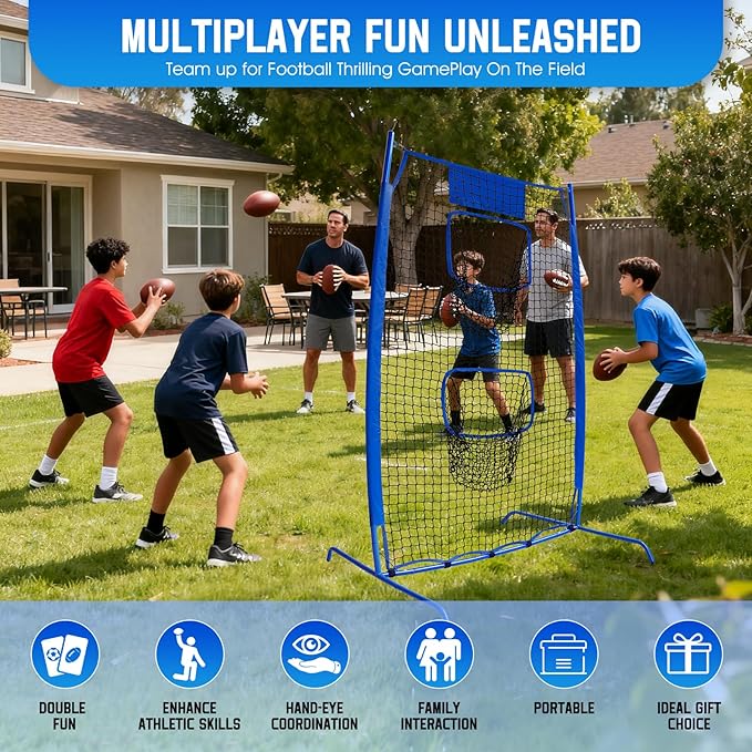 Football Throwing Net, Upgrade Heavy Duty Metal Frame Quarterback Training Equipment Throwing Machine with 1-4 Targets, Easy Setup Football Target Practice with CarryBag, Allweather Indoor Outdoor Use