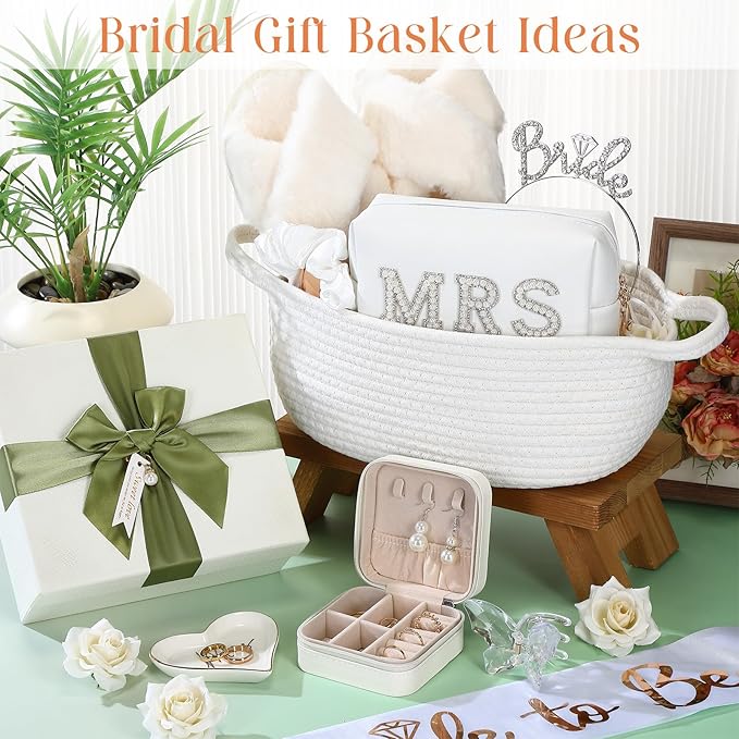 Baderke 17 Pcs Bride to Be Gift Basket for Bridal Shower, Bridal Box with Basket, Makeup Bag, Slippers, Headband, Sash, Mrs Ring Dish, Jewelry Box and More for Wedding Engagement Gift(White)