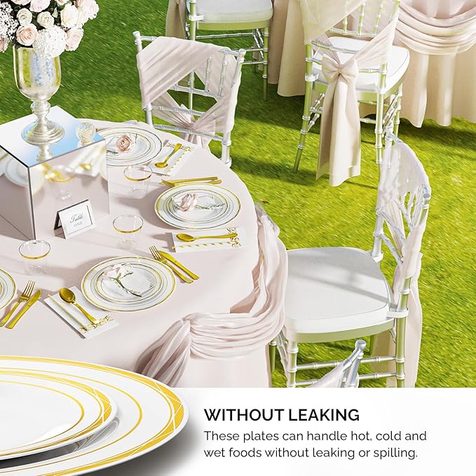 ROVSUN 400 Pieces Gold Disposable Dinnerware Set 50 Guests,Elegant Plastic Plates for Party Wedding, 50 Pre Rolled Napkins with Silverware, 50 Dinner Plates, 50 Dessert Plates, 50 Cups, 50 Straws