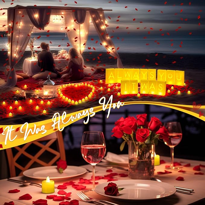 6086 Pcs It was Always You Light up Letters with LED Flameless Tealight Candle Red Rose Petal Letter Luminary Paper Bag for Valentine's Day Decoration Proposal Romantic Special Night Decor