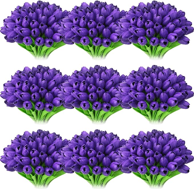 Jexine 100 Pcs Artificial Real Touch Tulips Fake Artificial Tulip Flower Bulk Bouquet with Stem for Table Centerpieces Wedding Bridal Easter Mother's Day Garden Home Decor, 13.4''(Purple)