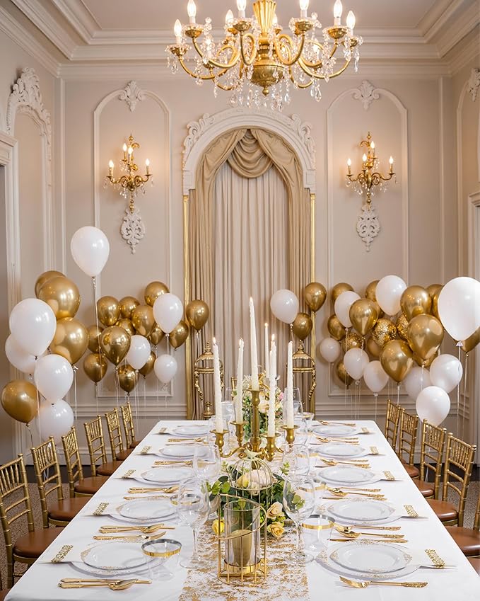 Nervure 350PCS Gold Plastic Dinnerware - White and Gold Disposable Plates for 50 Guests - 100 White Disposable Plates, 150 Plastic Silverware, 50 Cups, 50 Napkins for Wedding & Party