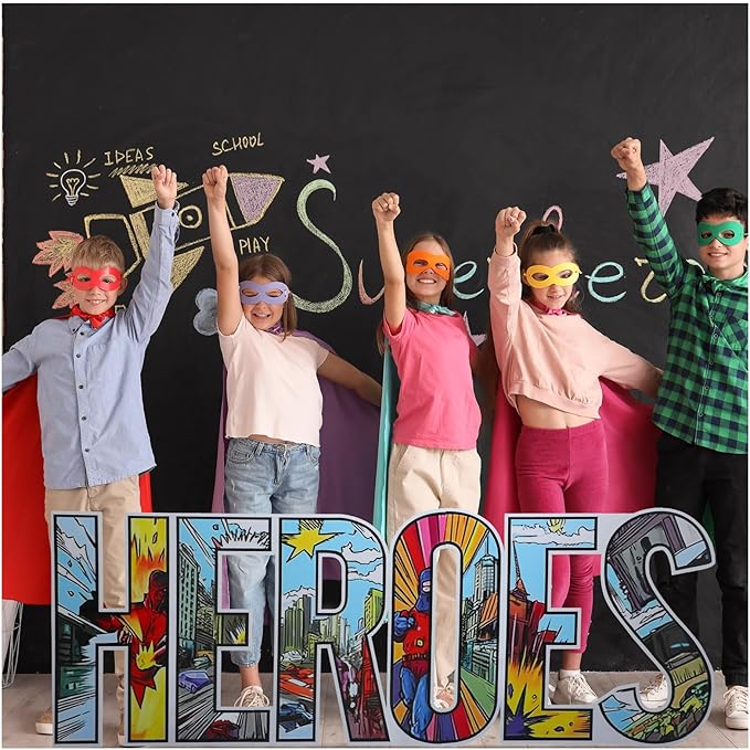 Bucherry 7.7ft Heroes Comic Letter Cardboard Cutout Stand up Life Size Hero Themed Party Decoration Backdrop Photo Props Stand up for Theme Activities Supply