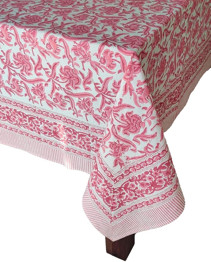 ATOSII Red Bloom 100% Cotton Rectangle Tablecloth, Block Print Floral Linen Table Cloth for Dining Parties Outdoors Weddings Holidays I 72 X 108 Inches, 8 Seater, Summer Farmhouse Grandmillennial