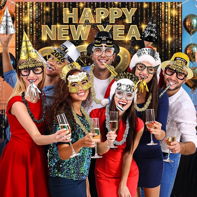 MOVINPE 2026 New Years Eve Party Supplies Bulk Serve 120 - New Year's Banner Backdrop Top Hats, Cone Hats, Tiara, Glasses, Leis, Horns, Blowouts, Noiese Makers, Event Party Favors
