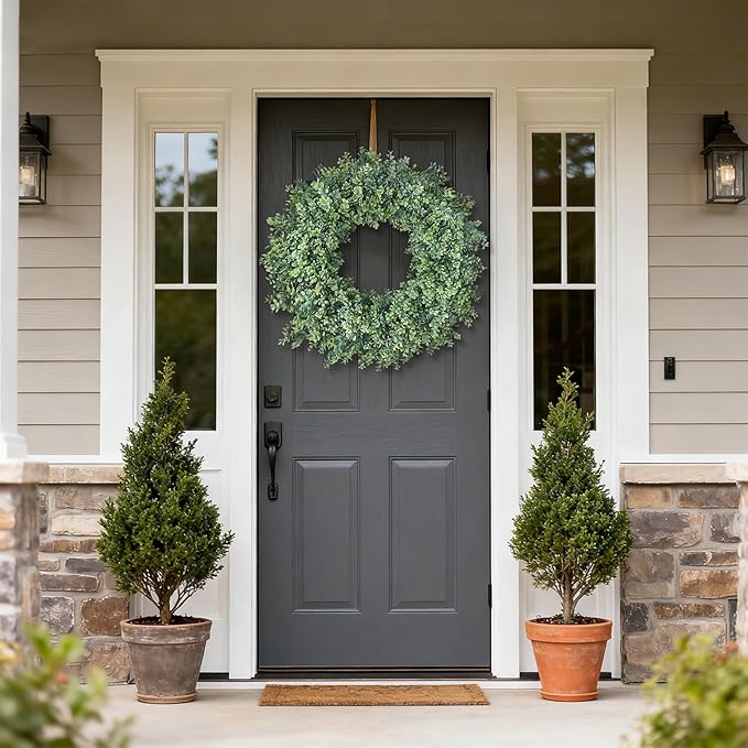 32'' Large Boxwood Wreath for Front Door, Porch, Window- Artificial Boxwood Leaves Greenery Outdoor Wreath for Home, Farmhouse Wall Decor- Spring, Summer, Fall, All Seasons (Green)