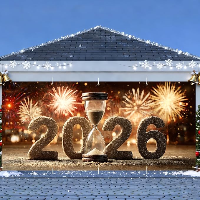 Happy New Year 2026 Garage Door Banner 7x16FT, Hourglass Countdown 2026 Garage Door Cover, Large Outdoor New Year Decoration Backdrop for Garage Doors, Fence, Yard, Party Photo Booth