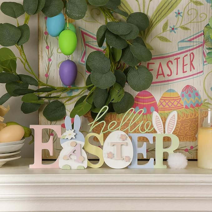 NIKKY HOME Wooden Easter Bunny Sign, Easter Decor for Table, Cute Rabbit Shaped Holiday Decor, Bunny Decorations Centerpiece for Home Mantel Shelf Decorations