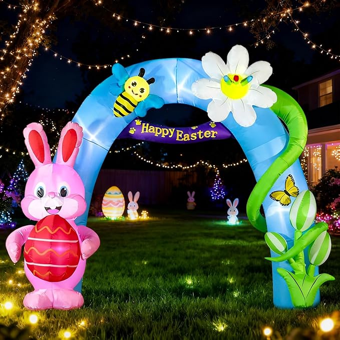 Domkom 12FT Long Huge Easter Inflatable Bunny Archway Outdoor Decorations,Build-in LED Lights Holiday Blow Up Yard Decoration, for Easter&Spring, Outdoor,Garden, Yard Lawn Décor