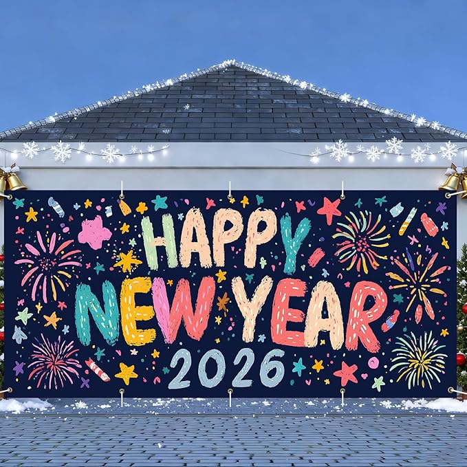 Happy New Year 2026 Garage Door Banner 7x16FT, Colorful Fireworks Garage Door Cover, Large Outdoor New Year Decoration Backdrop for Garage Doors, Fence, Yard, Holiday Party