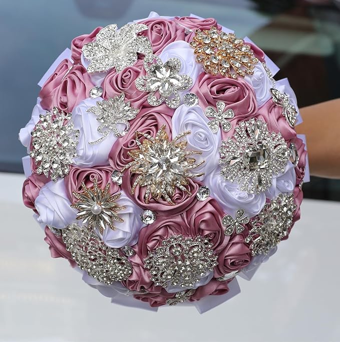 Handmade Wedding Bouquets for Bride Bridesmaid Brooch Bouquet Artificial Holding Flower Tossing Bouquet for Wedding Ceremony Anniversary(Light Purple/White=22cm)