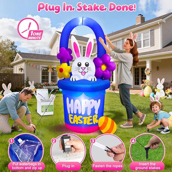 Danxilu 6 FT Easter Inflatables Outdoor Decorations, Cute Blow Up Easter Bunny in Flower Basket for Outside, Built in LED Lights Holiday Inflatable Yard Decoration for Spring Party Indoor Garden Lawn