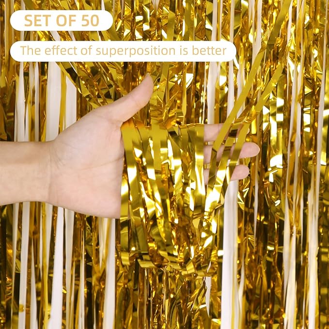 Gold Foil Fringe Curtains 50 Pack 3.2ft x 8.2ft Fringe Backdrop Curtains Metallic Tinsel Streamer Photo Backdrop for Birthday Party Decorations Halloween Christmas Party Supply (Gold)