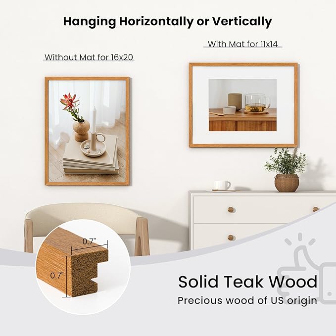Axeman 16x20 Picture Frame with Mat for 11x14 - Solid Teak Wood Poster Frame with Tempered Glass for Home Decor, Wooden 16x20inch Photo Frame for Art Photo and Prints, Hook Included, Natural Teak