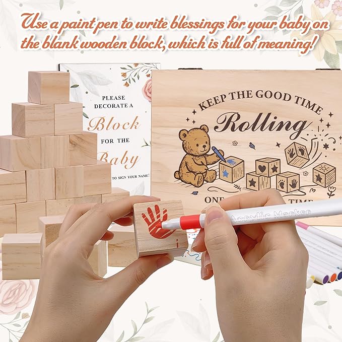 78 PCS Baby Shower Games Sign Kit for Boys Girls, Wooden Box and Sign, Blank Wooden Blocks for DIY Drawing, Markers, Baby Shower Game for Gender Reveal Activity, Baby Shower Ideas Decorations, Bear B