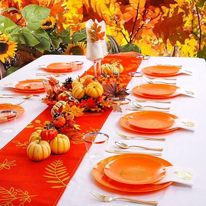 Nervure 175PCS Thanksgiving Plates - Orange and Gold Disposable Plates Include 25Dinner Plate, 25Dessert Plate, 25Cups, 25Knives, 25Forks, 25Spoons, 25 Fall Napkins for Thanksgiving Day