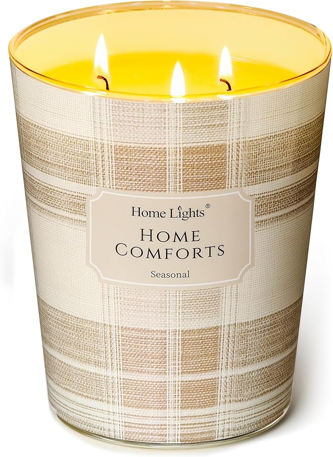 HomeLights Scented Candles | Large Jar 34 Oz Natural Soy Candle | 130 hrs Long-Lasting with 3 Wicks | Rustic Modern Home Decor | Gifts for Mom & Women, Home Comforts