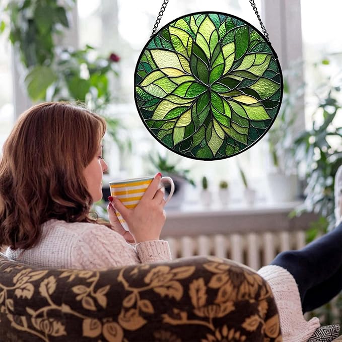 Stained Glass Window Hanging - Green Gradient Flowers Suncatcher for Doors Window Home Plant Sun Catchers Decor Christmas Mother's Day Birthday Gifts for Teacher Women Men Mom Nana 15 in