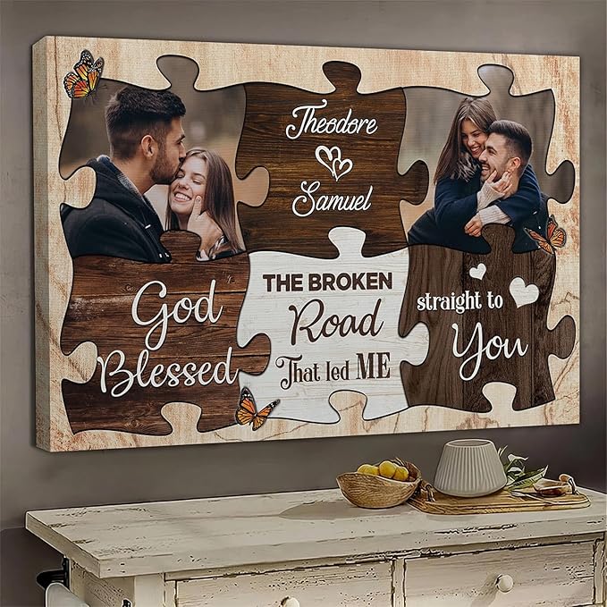 Dem Canvas Personalized Couple Canvas Prints, Custom Love Photo And Name, Puzzle Piece Frame God Blessed The Broken Road, Wedding Gifts For Couple Anniversary Engagement Gift For Couples