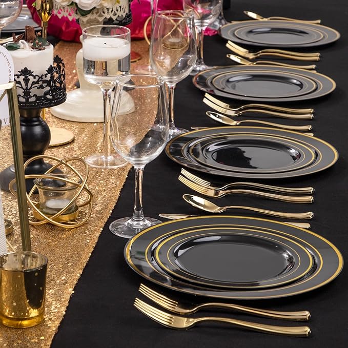 FLOWERCAT 100PCS Black and Gold Plates - Heavy Duty Black Plates Disposable for Halloween Party/New Year/Birthday- Include 50PCS 10.25inch Dinner Plates - 50PCS 7.5inch Dessert Plates