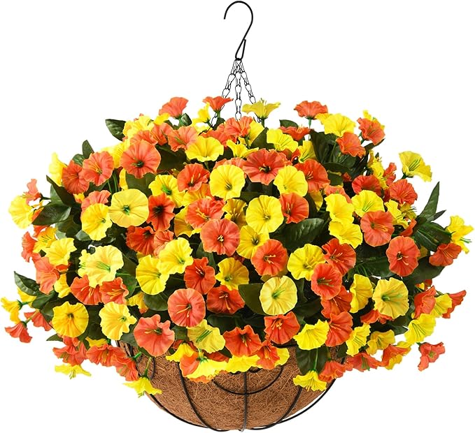 Artificial Fake Hanging Flowers Plants Baskets for Outdoor Decoration, Faux Silk UV Resistant Look Real Morning Glory Arrangement for Porch Patio Garden Deck Home Summary Decor(Orange Yellow)