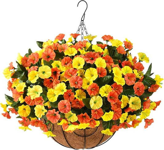 Artificial Fake Hanging Flowers Plants Baskets for Outdoor Decoration, Faux Silk UV Resistant Look Real Morning Glory Arrangement for Porch Patio Garden Deck Home Summary Decor(Orange Yellow)